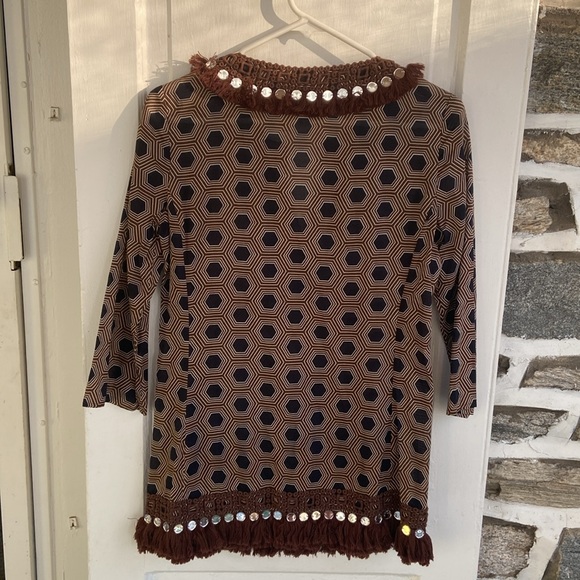 Tory Burch Brown tunic top with MIRROR CIRCLE TRIM AROUND NECK & Bottom size 2 - Picture 4 of 15